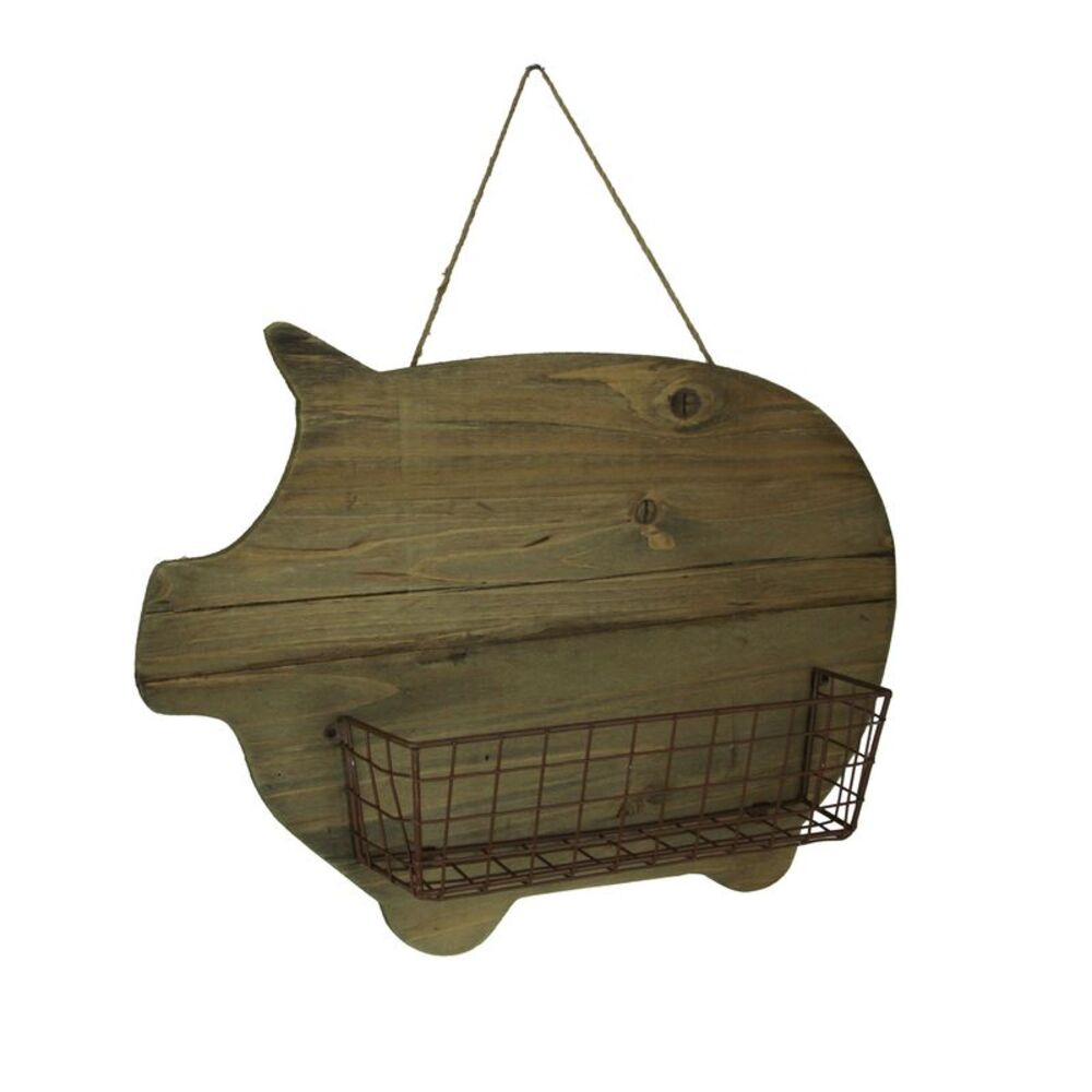Rustic Wood Farmhouse Pig and Metal Wire Wall Basket